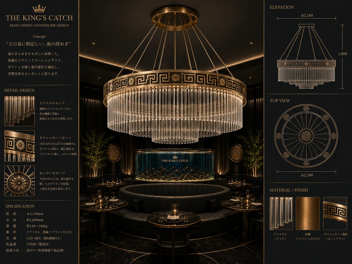 THE KING'S CATCH メインダイニング シャンデリア詳細ボード — 直径Ø2,160mm 全高1,800mm 重量140-180kg