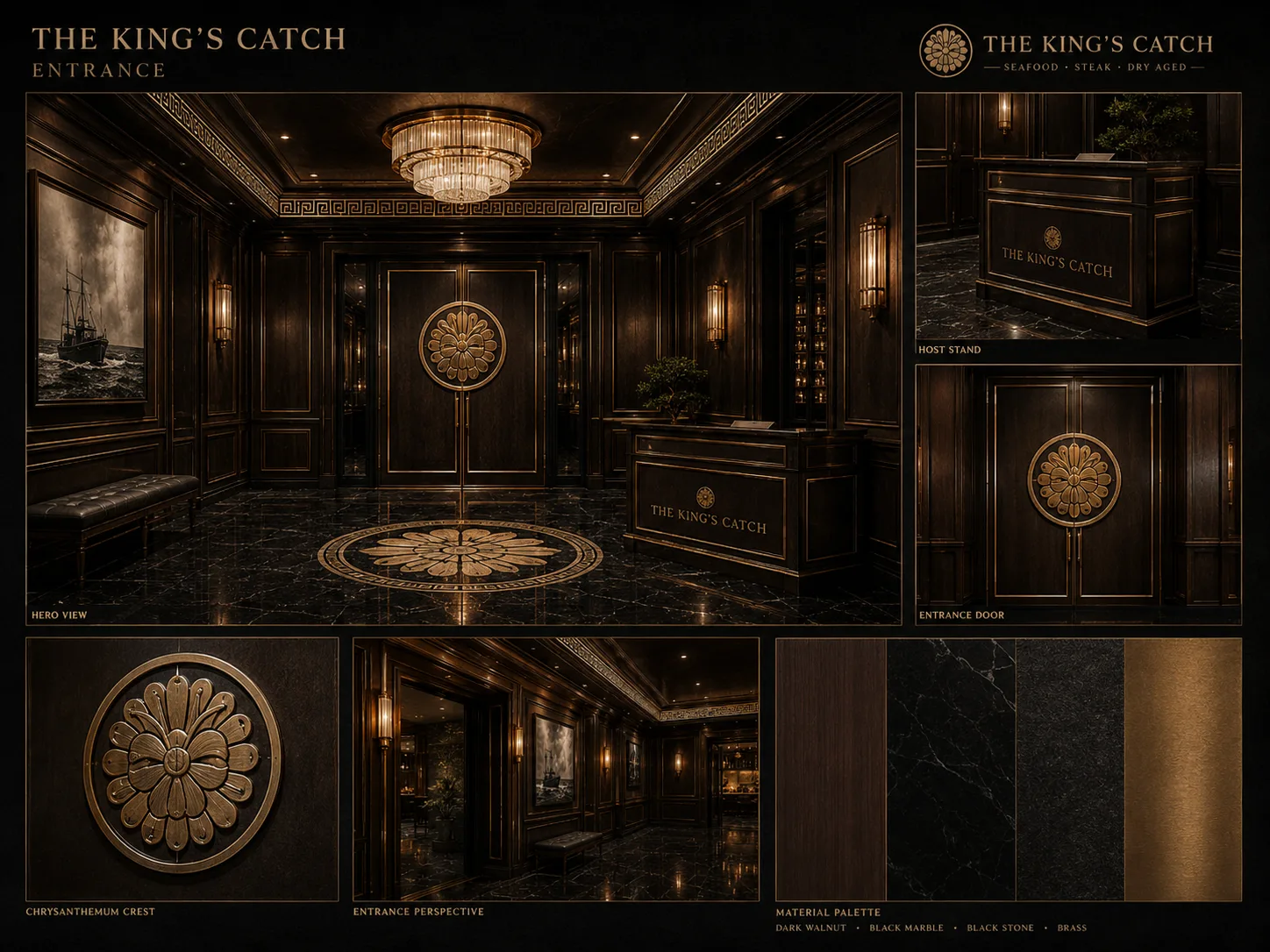 THE KING'S CATCH エントランスの意匠ボード — 菊花紋の扉・ホストスタンド・金のシャンデリア・素材(ウォルナット/黒大理石/黒石/真鍮)