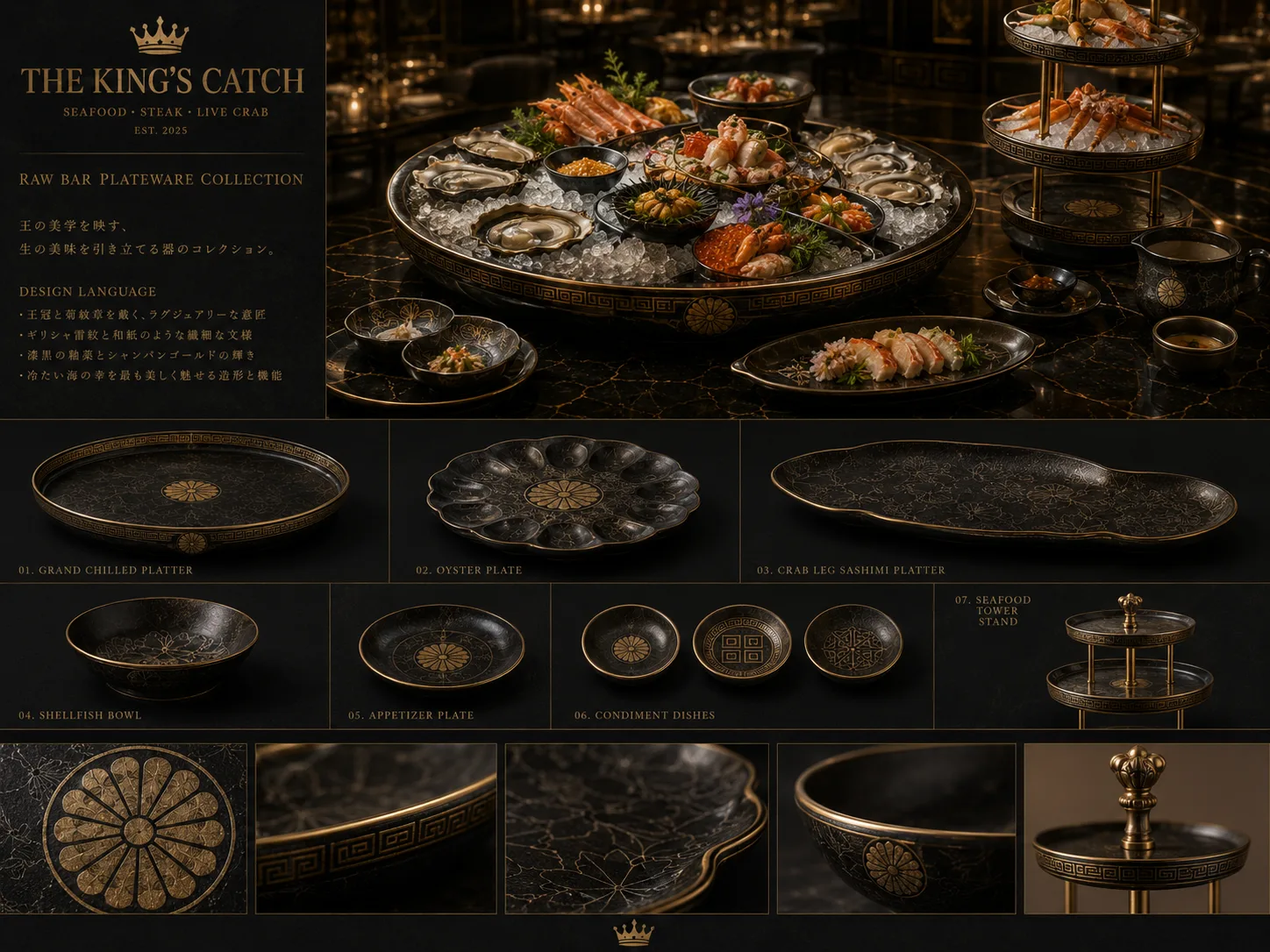 THE KING'S CATCH 生バー器コレクション — グランド氷皿・牡蠣プレート・タラバ脚向け細長皿・前菜皿・薬味皿・シーフードタワースタンド。漆黒の釉薬×シャンパンゴールド、菊花紋とギリシャ雷文