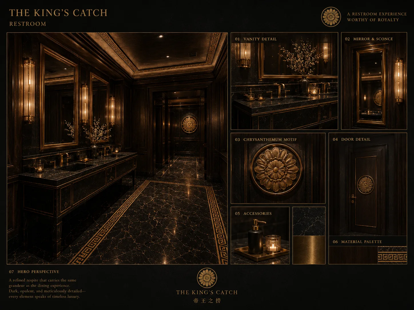 THE KING'S CATCH 化粧室の意匠ボード — 黒大理石と真鍮のバニティ・菊花紋・ギリシャ雷文。王に相応しい化粧室体験