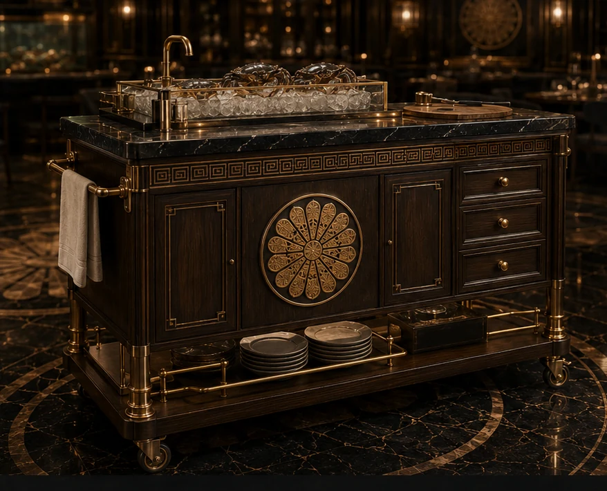 THE KING'S CATCH 専用の卓側調理カート — 黒大理石天板・真鍮・菊花文様・活カニの氷皿