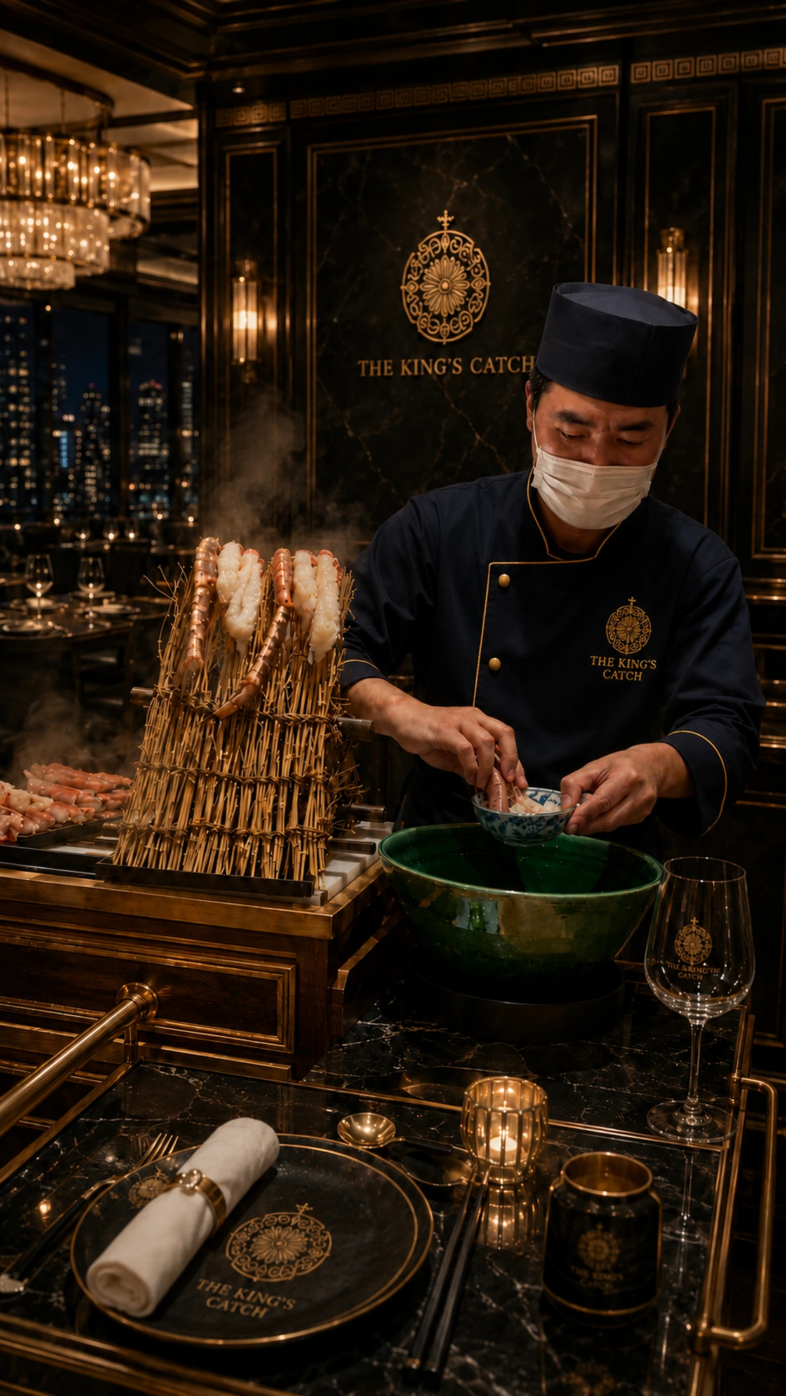 THE KING'S CATCH の卓側でしゃぶしゃぶを仕上げるシェフ — 活タラバ脚を竹串に吊るし、緑釉の鉢で湯にくぐらせる主役の所作