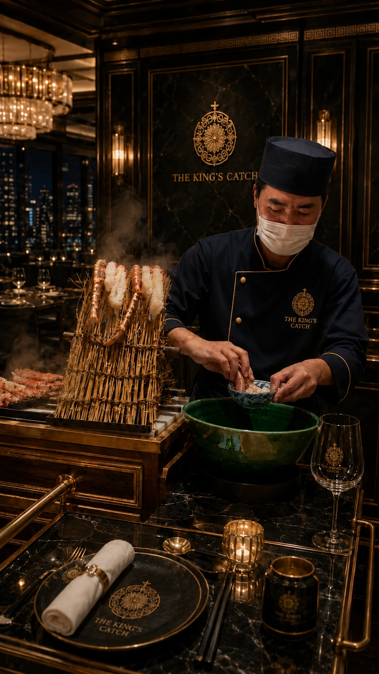 THE KING'S CATCH の卓側で握りを仕上げるシェフ — 菊花紋章の壁を背景に