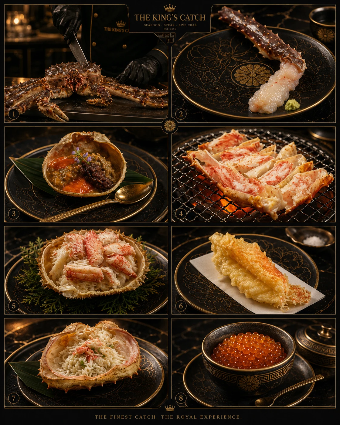 活カニの多彩な調理 — 焼き・刺身・甲羅盛り・天ぷら・甲羅焼き・いくら
