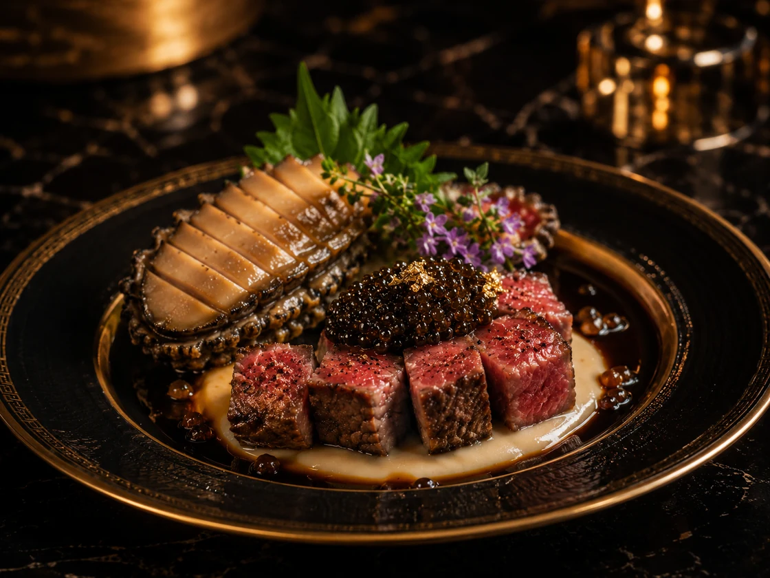 黒毛和牛ステーキ × キャビア × 活アワビの皿 — 菊花紋章の縁取りの黒×金プレート