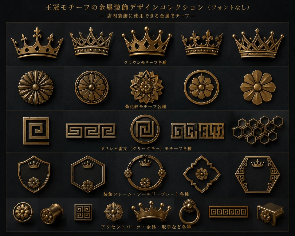 THE KING'S CATCH モチーフ体系ボード — クラウン5種・菊花紋5種・ギリシャ雷文6種・装飾フレーム/シールド/プレート6種・アクセント/金具/取手7種(金属装飾)