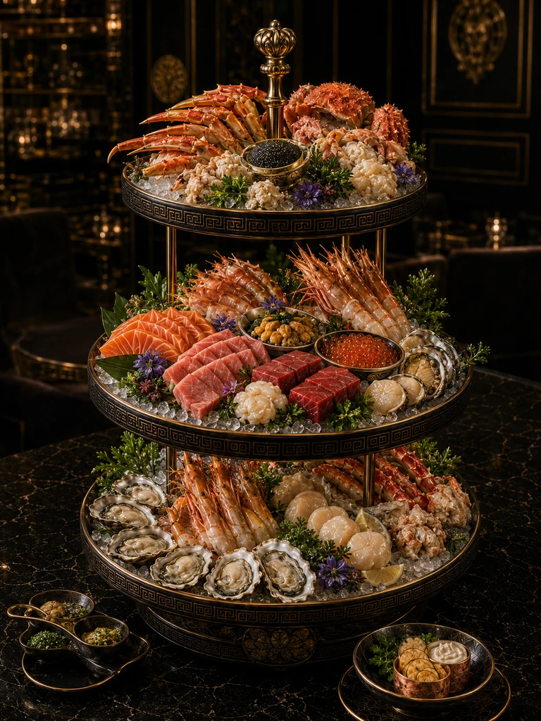 THE KING'S CATCH 3段氷塔 — タラバ脚・毛蟹・ボタン海老・サーモン/鮪/中トロ刺身・牡蠣・帆立・キャビア・いくらを氷上に盛り合わせた主役