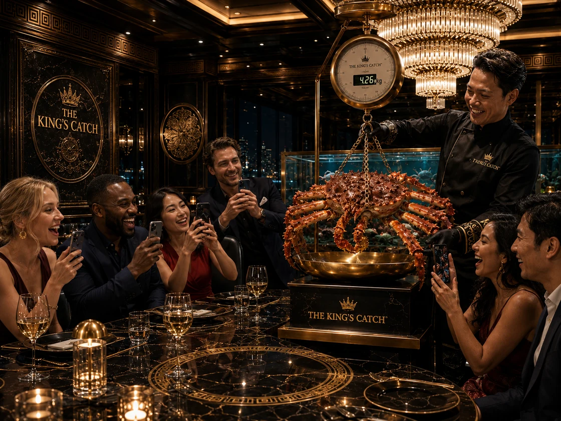 THE KING'S CATCH の卓側で活タラバを真鍮の秤で計量。重さを大表示(例 4.26kg)、客が一斉にスマホで撮影する“秤の儀”の瞬間