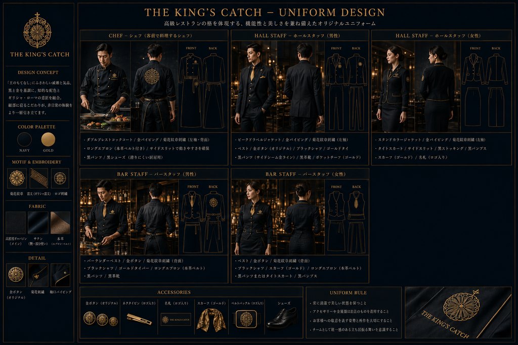 THE KING'S CATCH ユニフォームデザインボード — シェフ・ホールスタッフ(男女)・バースタッフ(男女)・サポートスタッフの制服、紺(NAVY)×金(GOLD)・菊花紋章刺繍・ギリシャ雷文